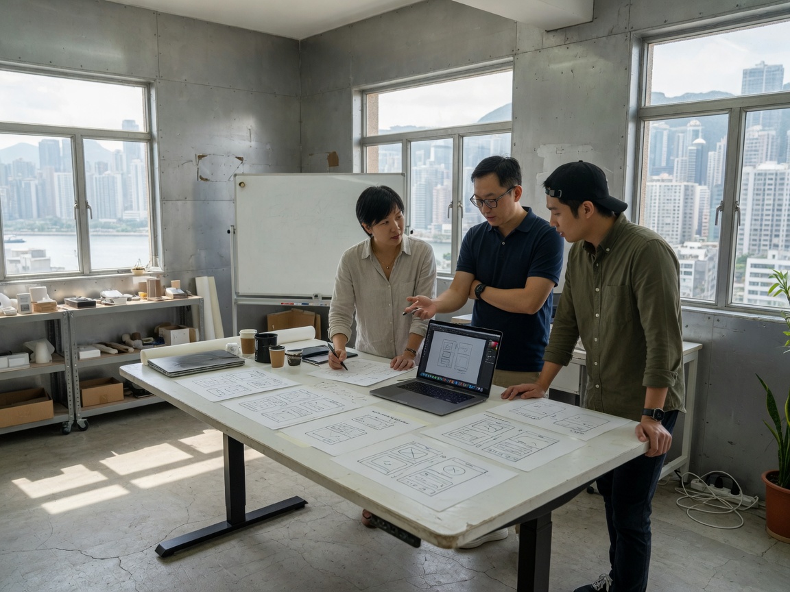 Junkeysoft teammates discussing a product interface in the Hong Kong studio