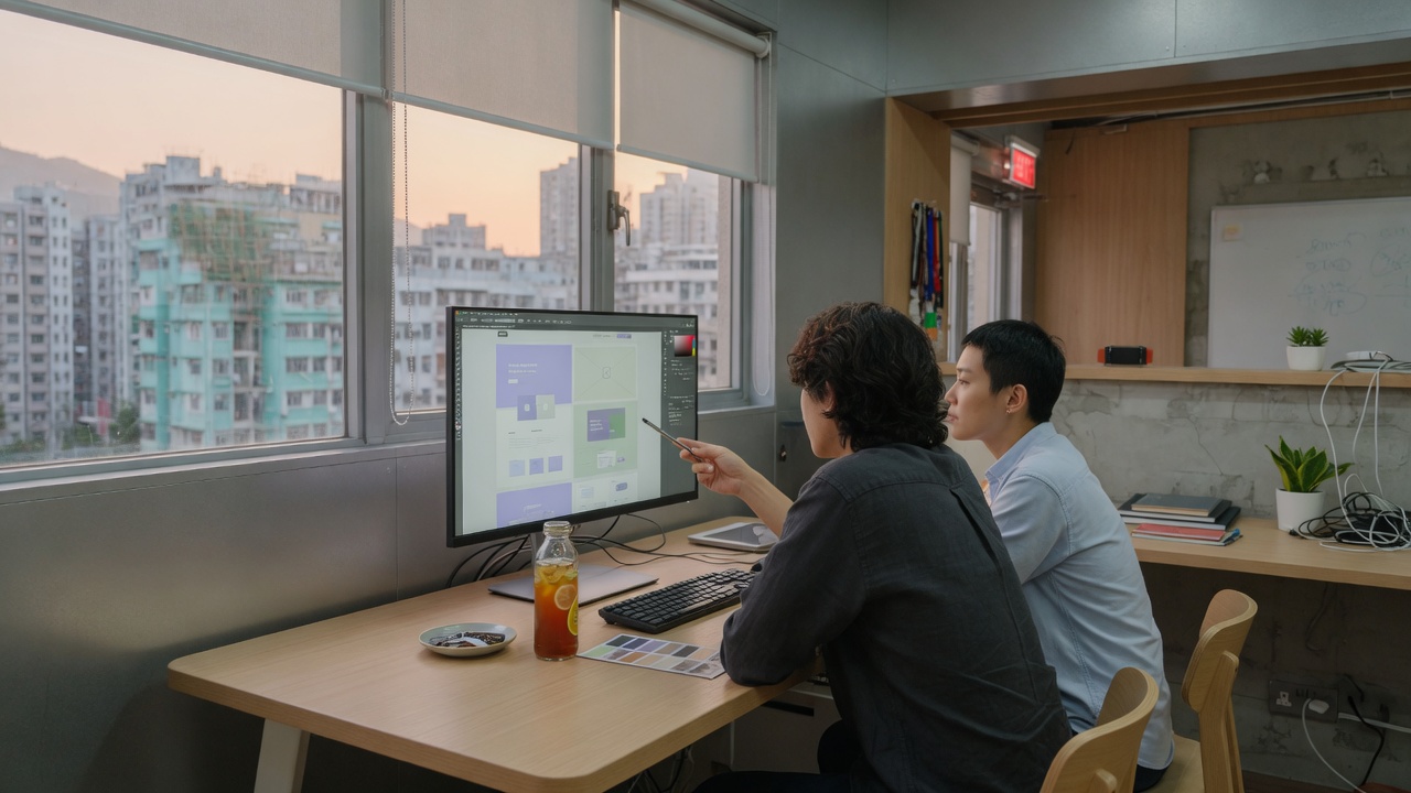 Hong Kong product studio reviewing a website on a large monitor